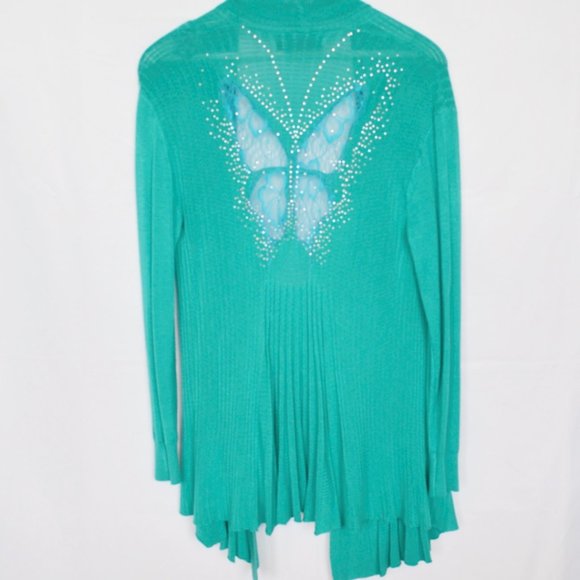 Y2K Rhinestone Butterfly Lace Turquoise Ribbed Cardigan - Picture 2 of 5